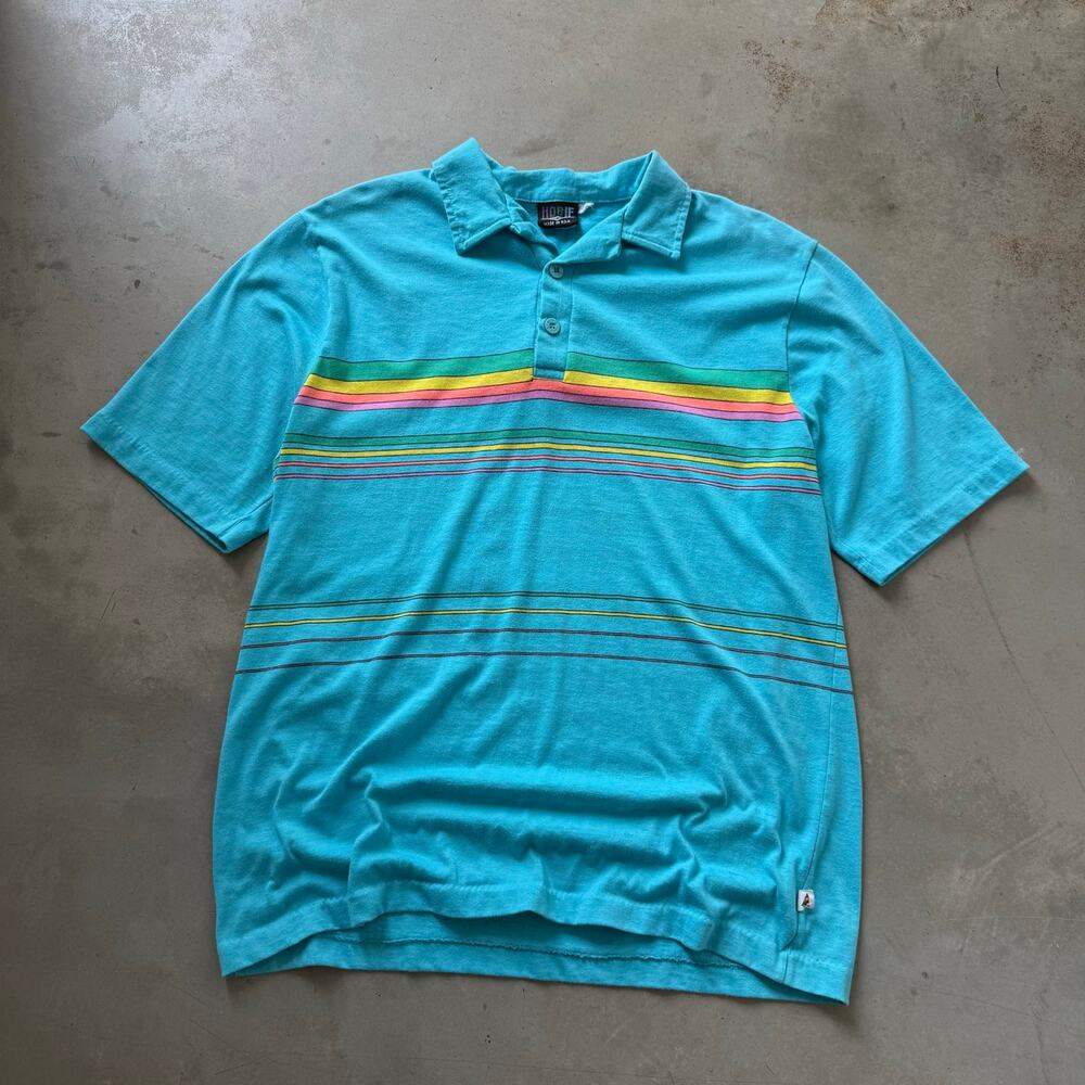 Vintage 80’s Hobie Surf Classic Retro Rainbow Stripe Polo Shirt Size XLT